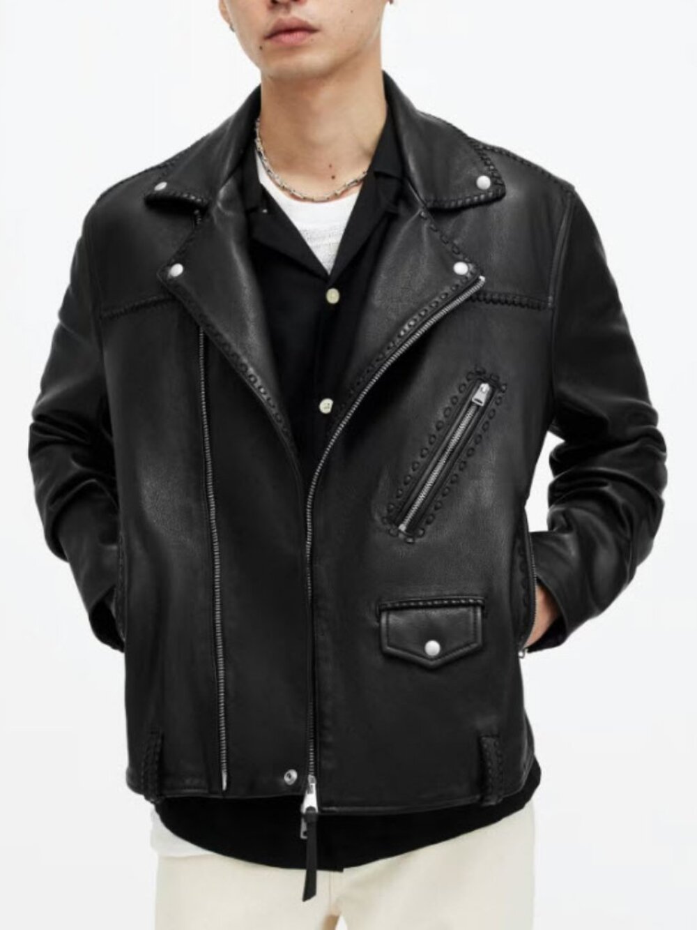 NWT Men All Saints Warner Blk (Item-9) Whipstitch Relaxed Leather Biker Jacket L